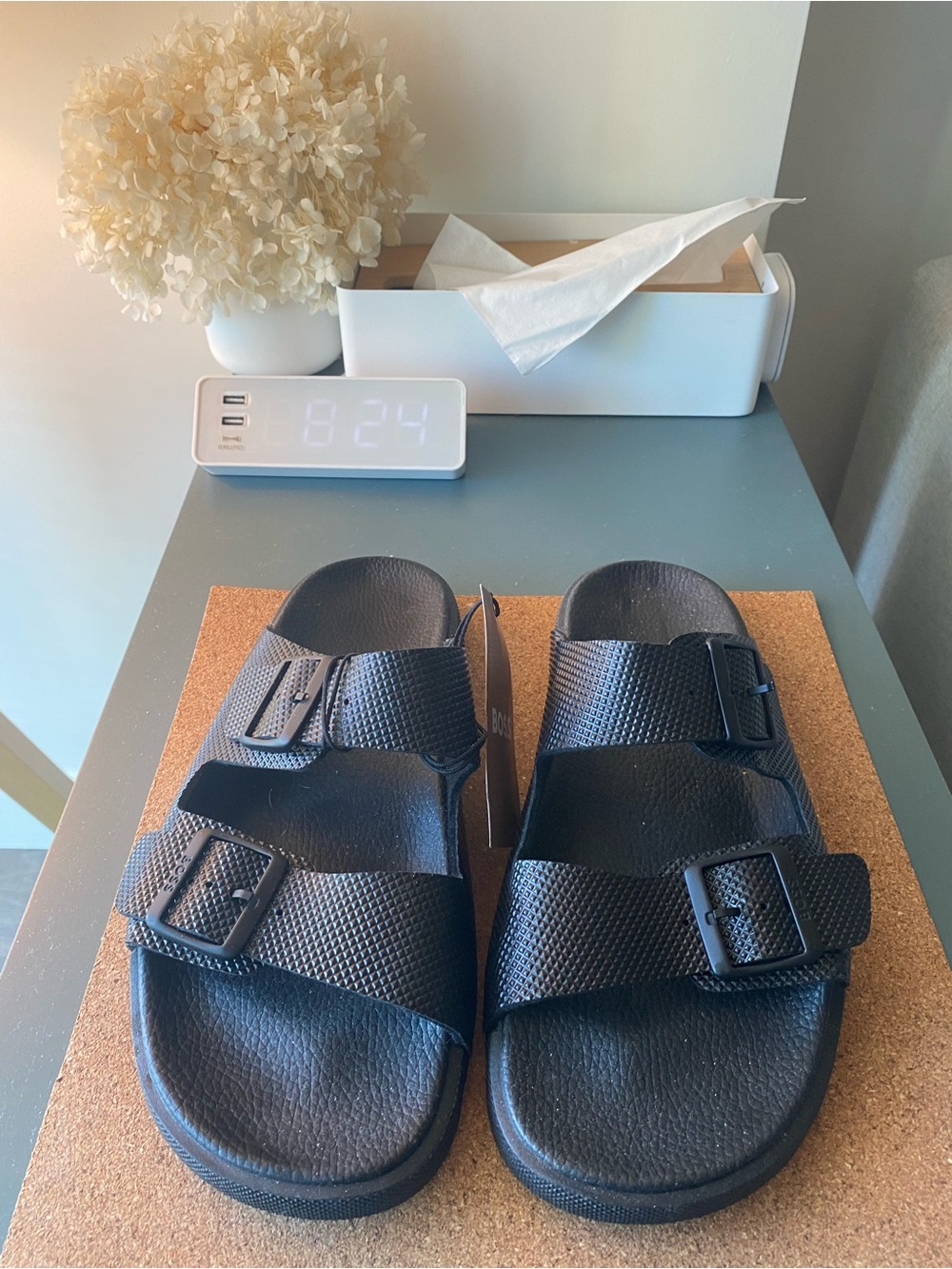Hugo Boss Black Dual-Buckle Slide Sandals - US 12
